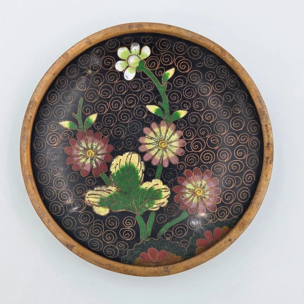 Cloisonné Prunus Brass Trinket Dish Set 3 Plum Blossom Enamel Plates 4″ - Picture 6 of 7